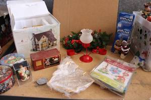 lot 56 image: Christmas Dcor Foam Ornament Kit, Candle Stand and Greenery Centerpiece, Light-up Cottage and More