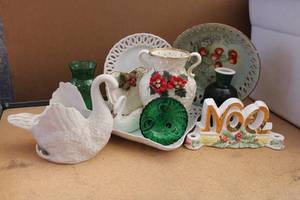 lot 61 image: Green and White Home Dcor and Dishes Netti McHone signed Strawberry Dish with Holes, Ceramic Swans, Glass Vases