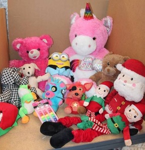lot 40 image: Plush Stuffed Animals Large Rainbow Unicorn, Bears, Santa and Elves, and Minion Bob, see pictures