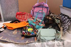 lot 42 image: Purses, Bags and Sailboat Tapestry Fabric Plus Inflatable Black Mattress