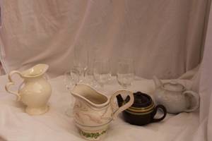 lot 67 image: Ceramic Pitchers (One is Fitz and Floyd Winter Garden) and Set of Goblets as shown