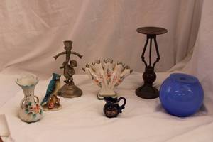 lot 68 image: Iron Candle Holders, 5-Fingered Hand Painted Ceramic Flower Vase and More