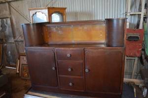 lot 17 image: Vintage Glass Case Display Storage Cabinet with Dual Curved Top Corner Compartments