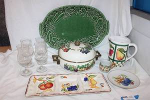 lot 87 image: Fruit Themed Serving Dishes 3-Sectioned Platter, Hand painted Plates, Set of 4 Goblets, Interceramic Lidded Pot and Large Green Platter