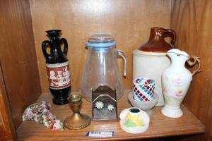 lot 85 image: Misc. Home Dcor Big Brown Jug, Ceramic Flower Vases, Glass Pitcher with Ice Core Chamber