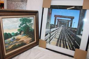 lot 88 image: Artwork Painting on Canvas and Framed Print of Bridge