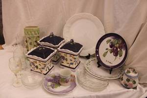 lot 92 image: Grape Themed Dishes Cannister Set, Plates and Glassware, see pictures