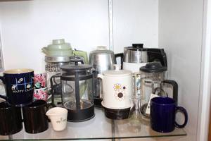 lot 94 image: Vintage Coffee Pots and French Presses with Coffee Mugs, see pictures
