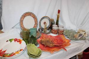 lot 103 image: Fall Plates and Serving Dishes (Coventry, Royal Norfolk brands), Invitations, and Decorative Bottles