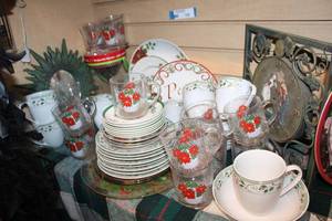 lot 129 image: Christmas Dish Sets and Norman Rockwall Wall Clock Frame