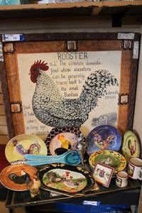 lot 132 image: Rooster Themed Lot Artwork, Plates, Cups and More
