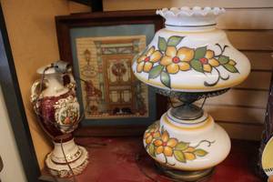 lot 133 image: Vintage Hand Painted Globe Lamp, Vintage Victoria Ceramic Lamp Base, and Embroidered Artwork