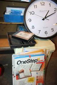 lot 134 image: Office Supplies Multipurpose Paper Reams, Wall Clock, Dividers, File Holders, x-Acto Pencil Sharpener