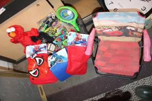 lot 135 image: Kids Lot Cars Folding Car, Spider-man and Bat-man Christmas Stockings, Mask, Elmo Toy and Small Toys