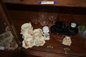 lot 72 image: Pink Depression Glass, Ceramic Rose Dishes as shown
