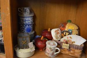 lot 78 image: State Fair Rooster Cookie Jar, Apple Cannisters, Asian Planters