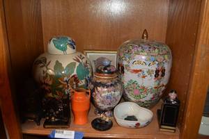 lot 81 image: Asian Urns and Porcelain Jars, Bookends, and Mini Hurricane Lamp Base Wood Burning Stove Design
