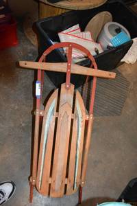 lot 83 image: Vintage Wooden Snow Sled with Metal Runners