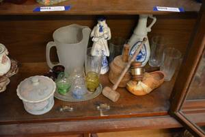 lot 70 image: Wooden Shoe, President Gavel, Frosted Glass Pitcher, Cranberry Glass Toothpick Holders, Blue and White Ceramic Figurine and More