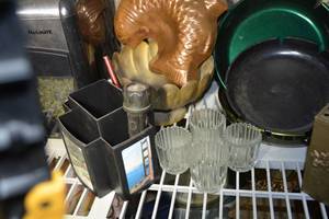 lot 301 image: Copper Fish Mold, Tissue Box Holder, Votive Candle Holders, Paper Shreader