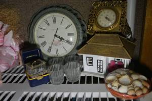 lot 304 image: Wall Clock, Ceramic House, SeaShells, Votives and Music Box