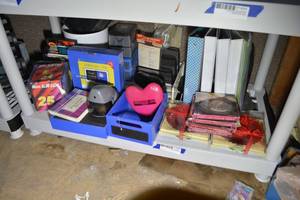 lot 309 image: Office Lot Gold Coin Phone Indexes, Paper Sorter, Binders, Pencil Sharpener, Chalkboard Boxes, Stapler and More