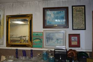 lot 312 image: Wall Artwork, Fish Sign, and Beveled Mirror with Black and Gold Frame