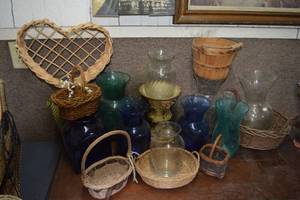 lot 316 image: Colored Glass and Clear Glass Vases, Plus Baskets