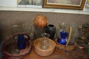 lot 317 image: Colored Glass and Clear Glass Vases, Plus Baskets