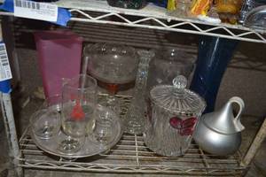 lot 328 image: Cranberry Flower Lidded Cany Dish, Hershey Kisses Dish, Compote, and Kappa Sigma Bar Set