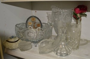 lot 338 image: Crystal and Glass Pitcher and Footed Bowl, Vases, Salad Dressing Cruet