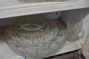 lot 343 image: Clear Cut Glass Platters, Pitcher, and Relish Plates