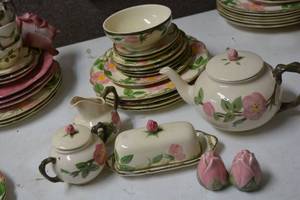 lot 353 image: Pink Flower Dishes, Teapot Set, Covered Butter Dish and Salt and Pepper Shakers by Franciscan Earthenware