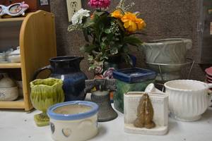 lot 348 image: Ceramic Pitcher, Vases, Liberty Bell Coin Bank, Lords Prayer Letter Holder