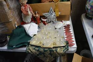 lot 358 image: Clear Glass Ornaments, Mrs. Claus Figurine, and Table Linens