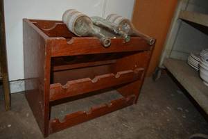 lot 141 image: Solid Wood Wine Rack and Decorative Bottles