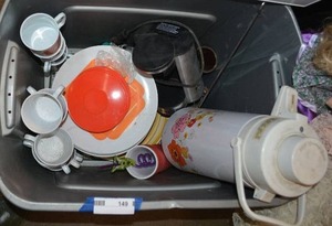 lot 149 image: Vintage Mid-Century Plastic Dish Set, Drink Dispenser, Cuisinart Single Serving Coffee Maker