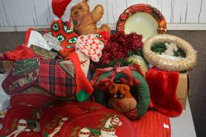 lot 361 image: Fabric Christmas Decorations, Stockings, Rocking Horse Placemats, Straw Wreath and More