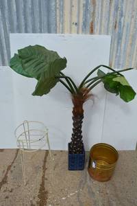lot 148 image: Brass Floor Planter, Blue Ceramic Planter with Artificial Palm Plant and Wire Plant Stand