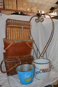 lot 190 image: Picnic Baskets, Wire Heart Stand, and Pails