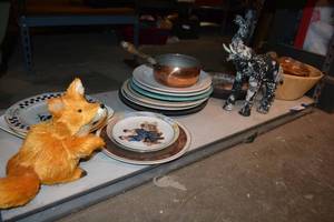 lot 185 image: Hand Decorated Animals, Copper Pot, Wooden Salad Bowl Set, and Misc. Plates