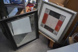 lot 200 image: Beveled Wall Mirror, Modern Framed Print and Wood Easel