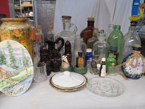 lot 175 image: Vintage Medicine Bottles, Avon Perfume Bottles, Empty Liquor Bottles, Liberty Bell Bottle, and More