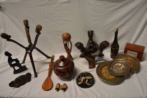 lot 451 image: Wood Sculptures, Bowls, Bottle