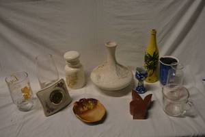 lot 455 image: Home Dcor Pottery Vase, Blue and White Ceramic Candle stick Holder, Ceramic Desk Clock, Playboy Bunny Box, Ceramic Travel Mug and More