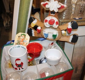 lot 501 image: Christmas Items Wooden Reindeer, Santa Mug, Glass Ornaments