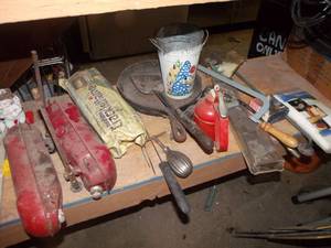 lot 497 image: Fire Starter Log, Kerosene Tanks, Nutcracker, Grease Gun, Tip Jar, Lawn Mower Blade and More
