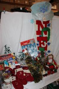 lot 109 image: Christmas Decorations Snowflake Hat, NOEL Latch Rug, Lights, Garland and More