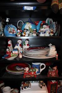lot 113 image: Christmas Snowmen Home Dcor Teapot, Figurines, and Plates Plus Red and Green Mugs