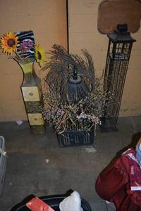 lot 402 image: LARGE Decorative Wooden Birdcage, Tall Metal Vase with Sunflowers, and Wire CD Cage